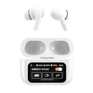 Home a9 pro anc/enc wireless earbuds with full color smart touch screen charging case.